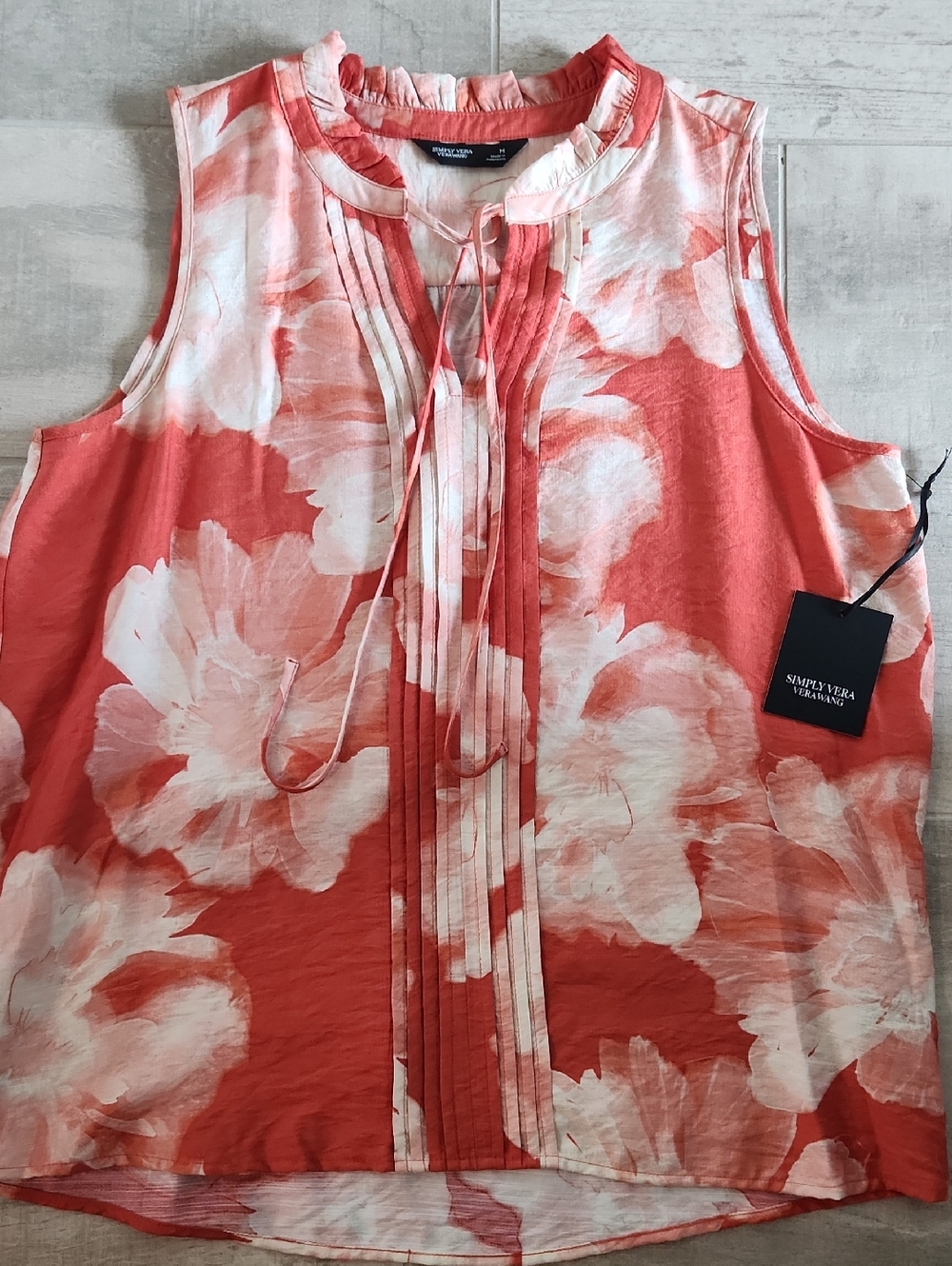 Simply Vera Vera Wang Coral and White Sleeveless Pintuck Tie-Neck Tank - Size M